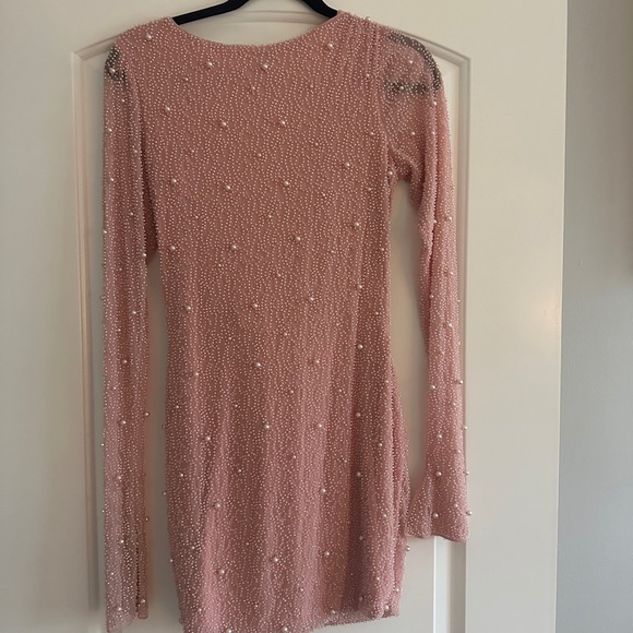 Oh Polly Blush Pink Pearl-Embellished Long Sleeve Mini Dress - Picture 3 of 4